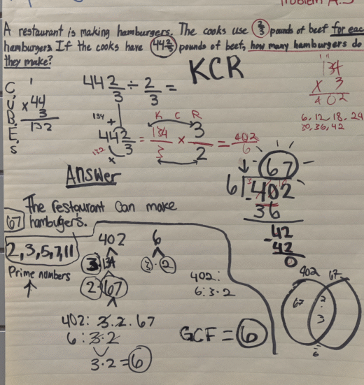 Student Math Work – Fractions and Greatest Common Factor Anchor chart showing student work on dividing mixed numbers and finding the greatest common factor using the CUBES strategy.